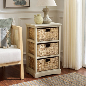 Halle Rustic Pine Side Table With Three Woven Baskets, Farmhouse Storage Accent For Living Rooms