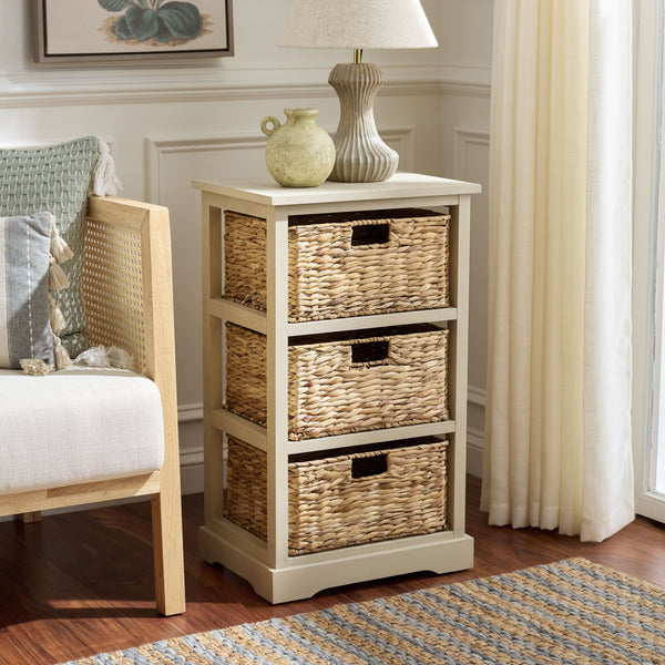 Halle Rustic Pine Side Table With Three Woven Baskets, Farmhouse Storage Accent For Living Rooms