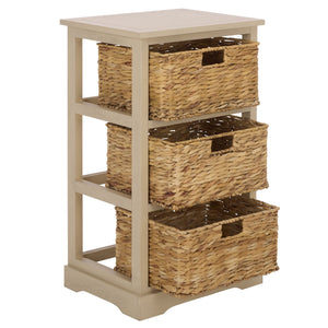 Halle Rustic Pine Side Table With Three Woven Baskets, Farmhouse Storage Accent For Living Rooms