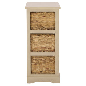 Halle Rustic Pine Side Table With Three Woven Baskets, Farmhouse Storage Accent For Living Rooms