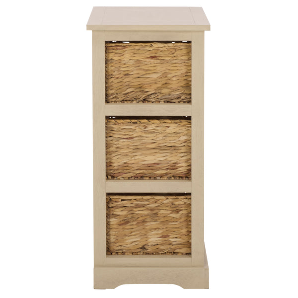 Halle Rustic Pine Side Table With Three Woven Baskets, Farmhouse Storage Accent For Living Rooms