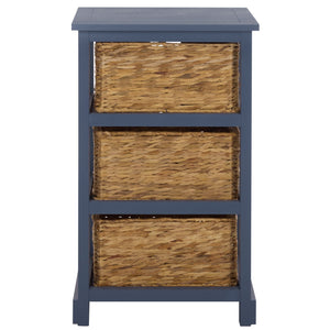 Halle Rustic Pine Side Table With Three Woven Baskets, Farmhouse Storage Accent For Living Rooms