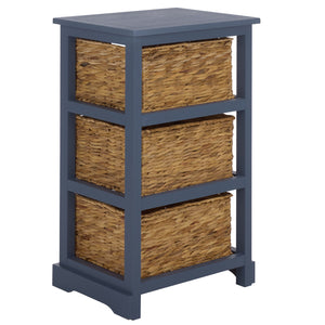 Halle Rustic Pine Side Table With Three Woven Baskets, Farmhouse Storage Accent For Living Rooms