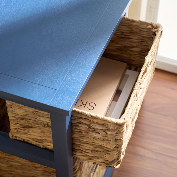 Halle Rustic Pine Side Table With Three Woven Baskets, Farmhouse Storage Accent For Living Rooms