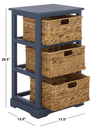 Halle Rustic Pine Side Table With Three Woven Baskets, Farmhouse Storage Accent For Living Rooms