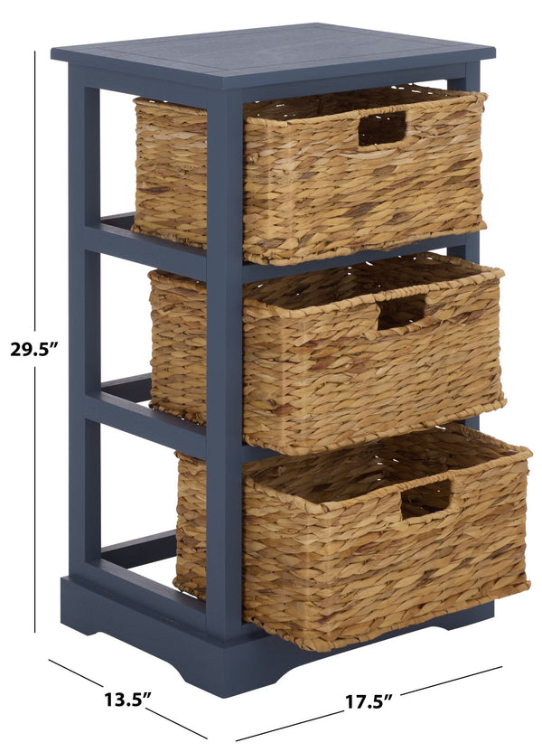 Halle Rustic Pine Side Table With Three Woven Baskets, Farmhouse Storage Accent For Living Rooms