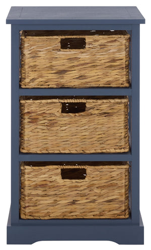 Halle Rustic Pine Side Table With Three Woven Baskets, Farmhouse Storage Accent For Living Rooms
