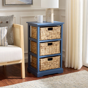 Halle Rustic Pine Side Table With Three Woven Baskets, Farmhouse Storage Accent For Living Rooms