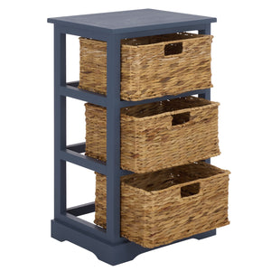 Halle Rustic Pine Side Table With Three Woven Baskets, Farmhouse Storage Accent For Living Rooms