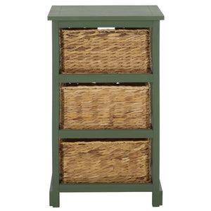 Halle Rustic Pine Side Table With Three Woven Baskets, Farmhouse Storage Accent For Living Rooms
