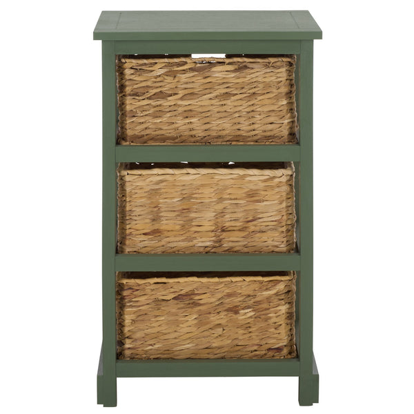Halle Rustic Pine Side Table With Three Woven Baskets, Farmhouse Storage Accent For Living Rooms