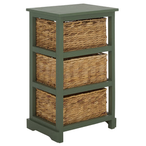 Halle Rustic Pine Side Table With Three Woven Baskets, Farmhouse Storage Accent For Living Rooms