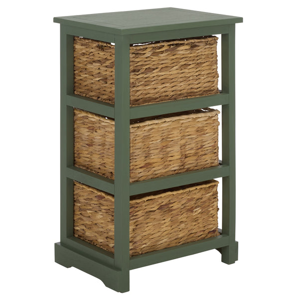 Halle Rustic Pine Side Table With Three Woven Baskets, Farmhouse Storage Accent For Living Rooms