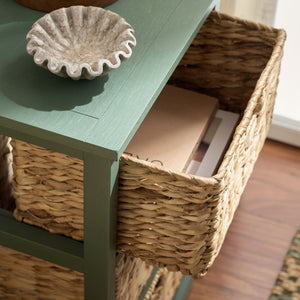 Halle Rustic Pine Side Table With Three Woven Baskets, Farmhouse Storage Accent For Living Rooms