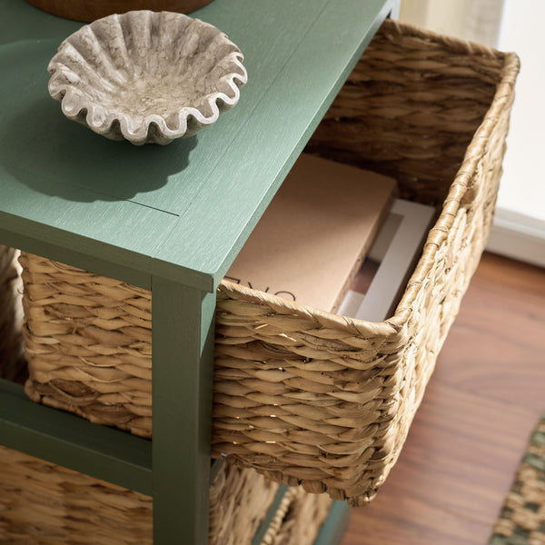 Halle Rustic Pine Side Table With Three Woven Baskets, Farmhouse Storage Accent For Living Rooms