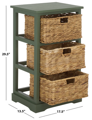 Halle Rustic Pine Side Table With Three Woven Baskets, Farmhouse Storage Accent For Living Rooms