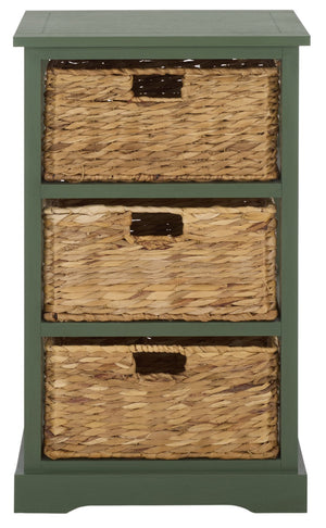 Halle Rustic Pine Side Table With Three Woven Baskets, Farmhouse Storage Accent For Living Rooms