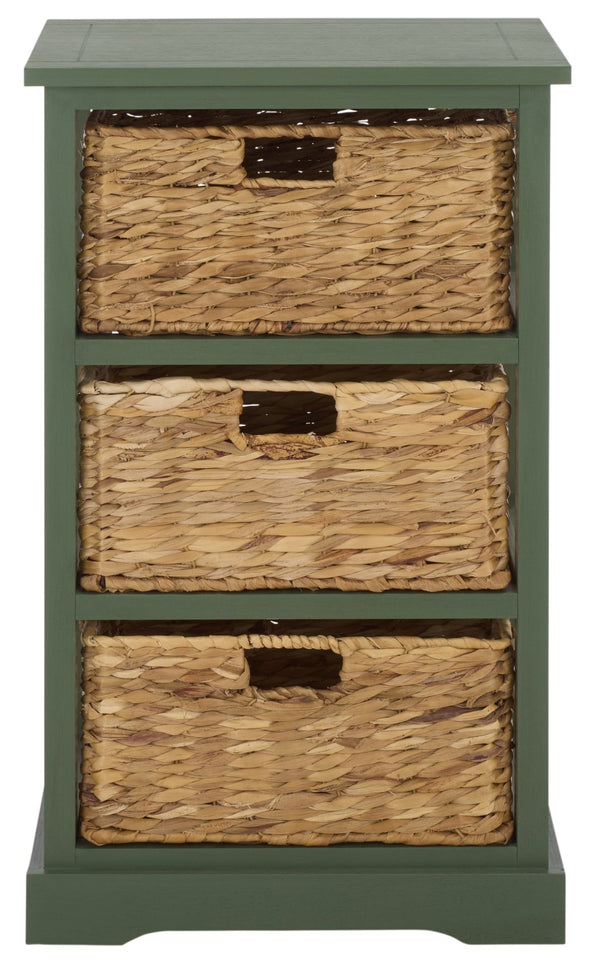Halle Rustic Pine Side Table With Three Woven Baskets, Farmhouse Storage Accent For Living Rooms