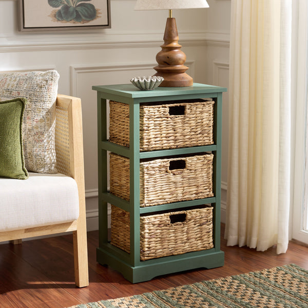 Halle Rustic Pine Side Table With Three Woven Baskets, Farmhouse Storage Accent For Living Rooms
