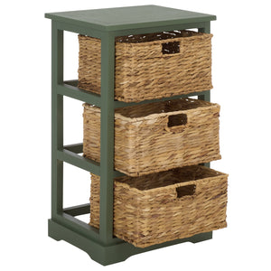 Halle Rustic Pine Side Table With Three Woven Baskets, Farmhouse Storage Accent For Living Rooms