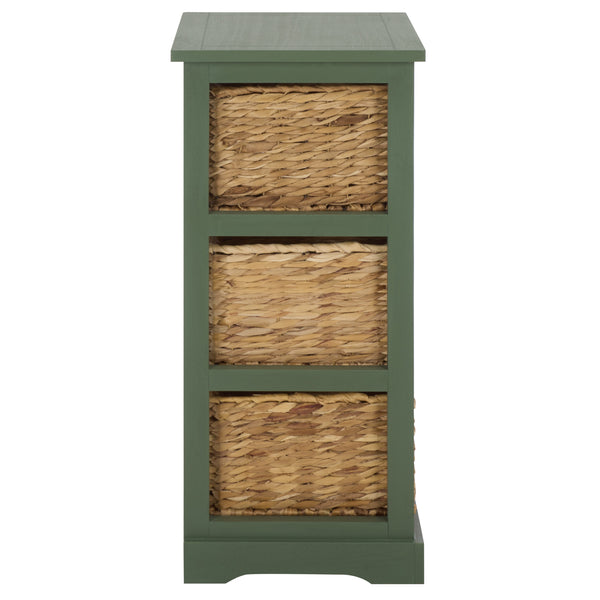 Halle Rustic Pine Side Table With Three Woven Baskets, Farmhouse Storage Accent For Living Rooms