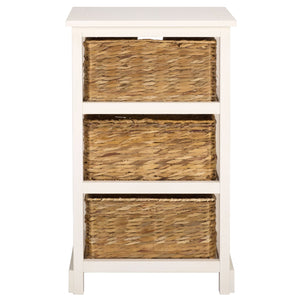 Halle Rustic Pine Side Table With Three Woven Baskets, Farmhouse Storage Accent For Living Rooms