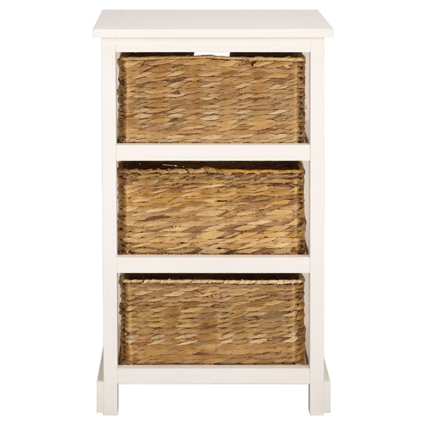 Halle Rustic Pine Side Table With Three Woven Baskets, Farmhouse Storage Accent For Living Rooms