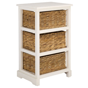 Halle Rustic Pine Side Table With Three Woven Baskets, Farmhouse Storage Accent For Living Rooms