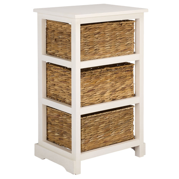 Halle Rustic Pine Side Table With Three Woven Baskets, Farmhouse Storage Accent For Living Rooms
