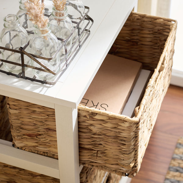 Halle Rustic Pine Side Table With Three Woven Baskets, Farmhouse Storage Accent For Living Rooms