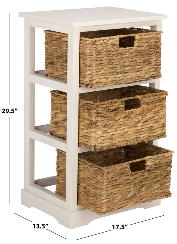 Halle Rustic Pine Side Table With Three Woven Baskets, Farmhouse Storage Accent For Living Rooms
