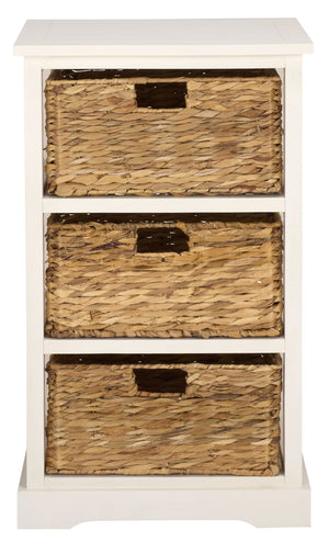 Halle Rustic Pine Side Table With Three Woven Baskets, Farmhouse Storage Accent For Living Rooms