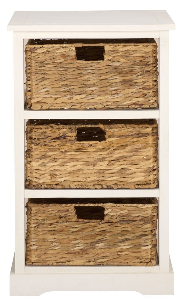 Halle Rustic Pine Side Table With Three Woven Baskets, Farmhouse Storage Accent For Living Rooms