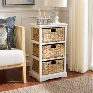 Halle Rustic Pine Side Table With Three Woven Baskets, Farmhouse Storage Accent For Living Rooms
