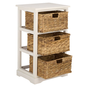 Halle Rustic Pine Side Table With Three Woven Baskets, Farmhouse Storage Accent For Living Rooms