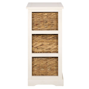 Halle Rustic Pine Side Table With Three Woven Baskets, Farmhouse Storage Accent For Living Rooms