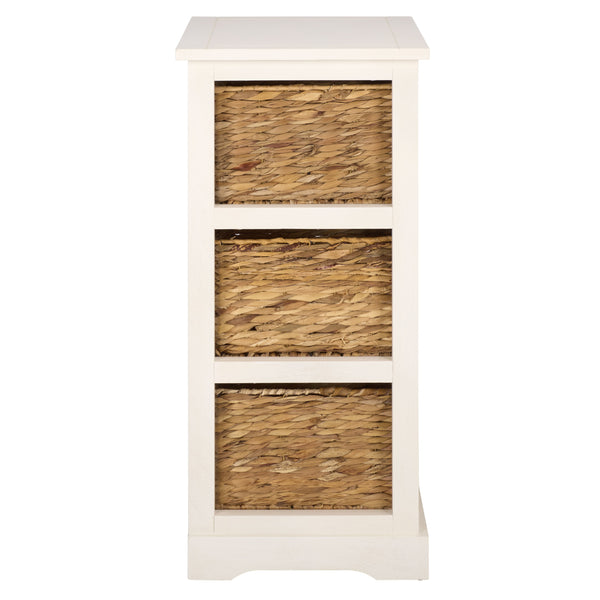 Halle Rustic Pine Side Table With Three Woven Baskets, Farmhouse Storage Accent For Living Rooms