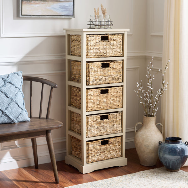 Vedette Five-Basket Storage Chest With Rattan Drawers – Farmhouse Coastal Linen Tower Organizer