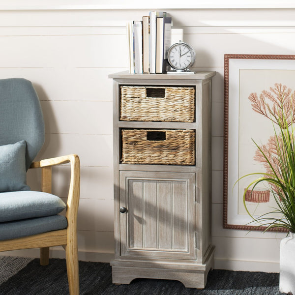 Safavieh Connery Cabinet - Rustic Farmhouse Storage Solution With Woven Baskets For Stylish Organization White Wash AMH5742E