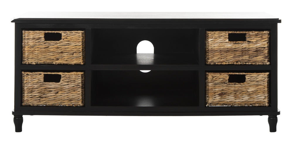 Safavieh Rooney Coastal Entertainment Unit With Rattan Baskets - Rustic Black Pine For Stylish Media Storage AMH5745A