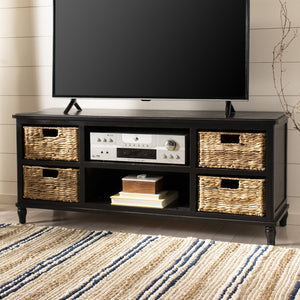 Safavieh Rooney Coastal Entertainment Unit With Rattan Baskets - Rustic Black Pine For Stylish Media Storage AMH5745A