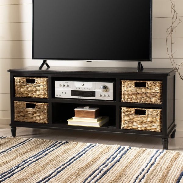 Safavieh Rooney Coastal Entertainment Unit With Rattan Baskets - Rustic Black Pine For Stylish Media Storage AMH5745A