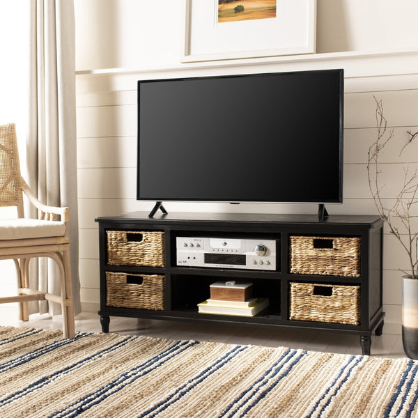 Safavieh Rooney Coastal Entertainment Unit With Rattan Baskets - Rustic Black Pine For Stylish Media Storage AMH5745A