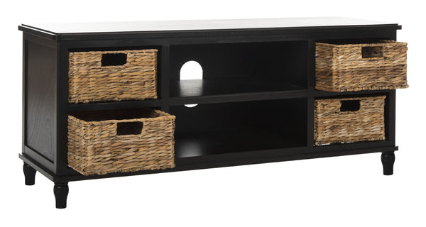 Safavieh Rooney Coastal Entertainment Unit With Rattan Baskets - Rustic Black Pine For Stylish Media Storage AMH5745A