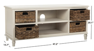 Safavieh Rooney Entertainment Unit: Timeless Media Stand With Rattan Baskets For Coastal-Inspired Living Spaces Vintage White AMH5745B