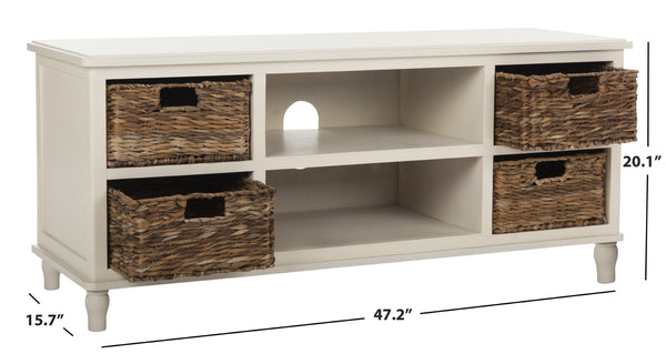 Safavieh Rooney Entertainment Unit: Timeless Media Stand With Rattan Baskets For Coastal-Inspired Living Spaces Vintage White AMH5745B