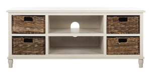 Safavieh Rooney Entertainment Unit: Timeless Media Stand With Rattan Baskets For Coastal-Inspired Living Spaces Vintage White AMH5745B