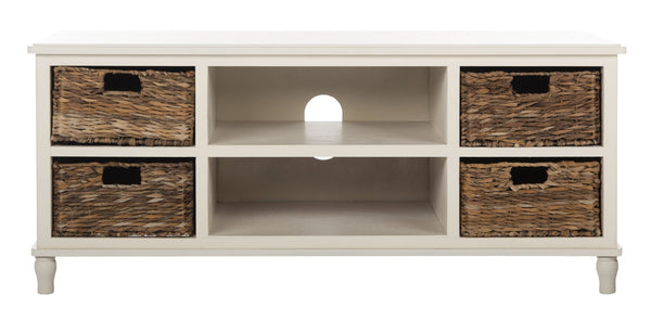 Safavieh Rooney Entertainment Unit: Timeless Media Stand With Rattan Baskets For Coastal-Inspired Living Spaces Vintage White AMH5745B