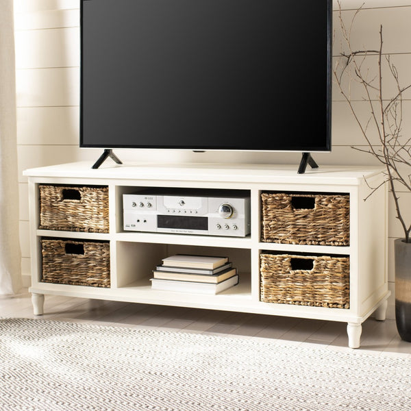 Safavieh Rooney Entertainment Unit: Timeless Media Stand With Rattan Baskets For Coastal-Inspired Living Spaces Vintage White AMH5745B