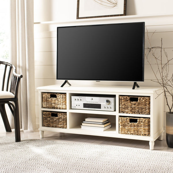Safavieh Rooney Entertainment Unit: Timeless Media Stand With Rattan Baskets For Coastal-Inspired Living Spaces Vintage White AMH5745B